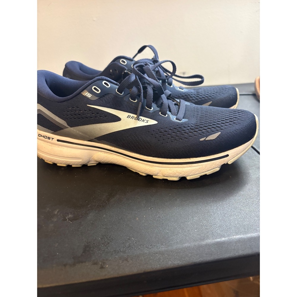 Brooks Ghost 15 Navy Blue White Running Shoes Womens 9 Medium 1203801B450